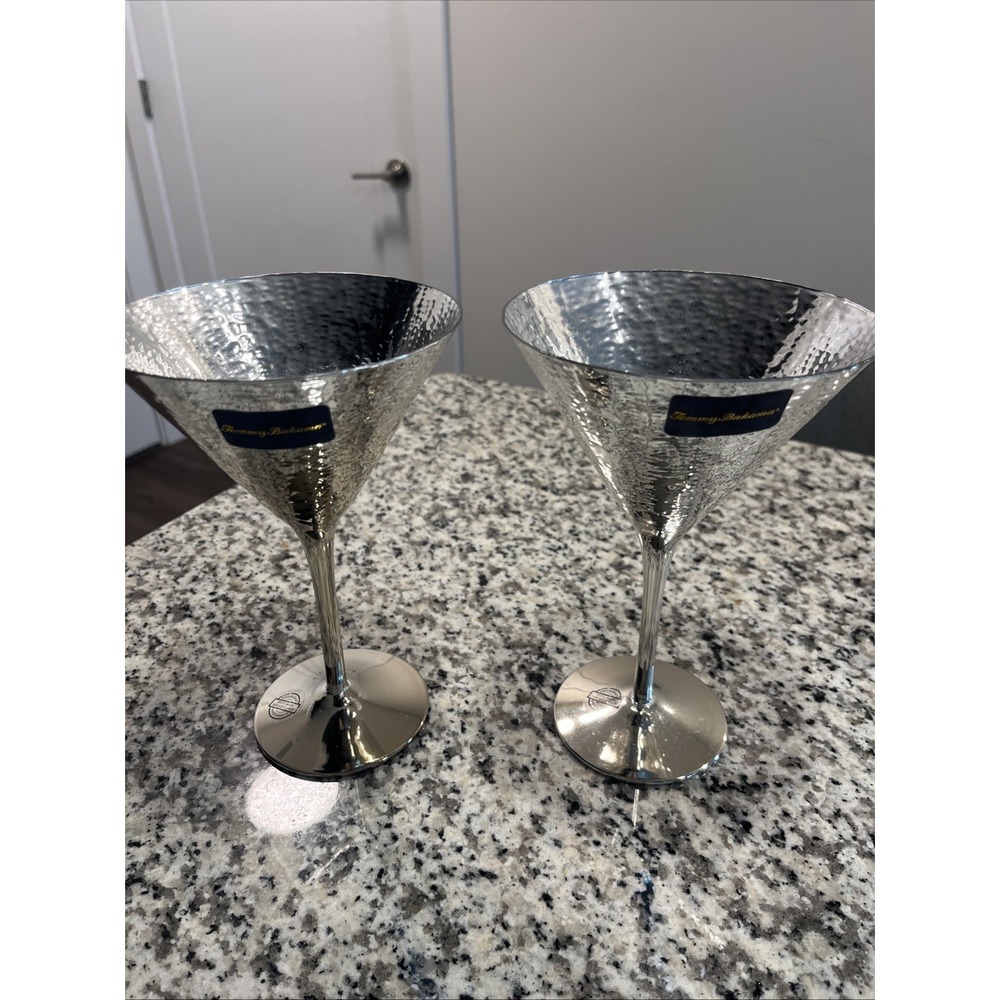 Tommy Bahama Silver Metallic Hand Hammered Look Martini Glass Set of 2